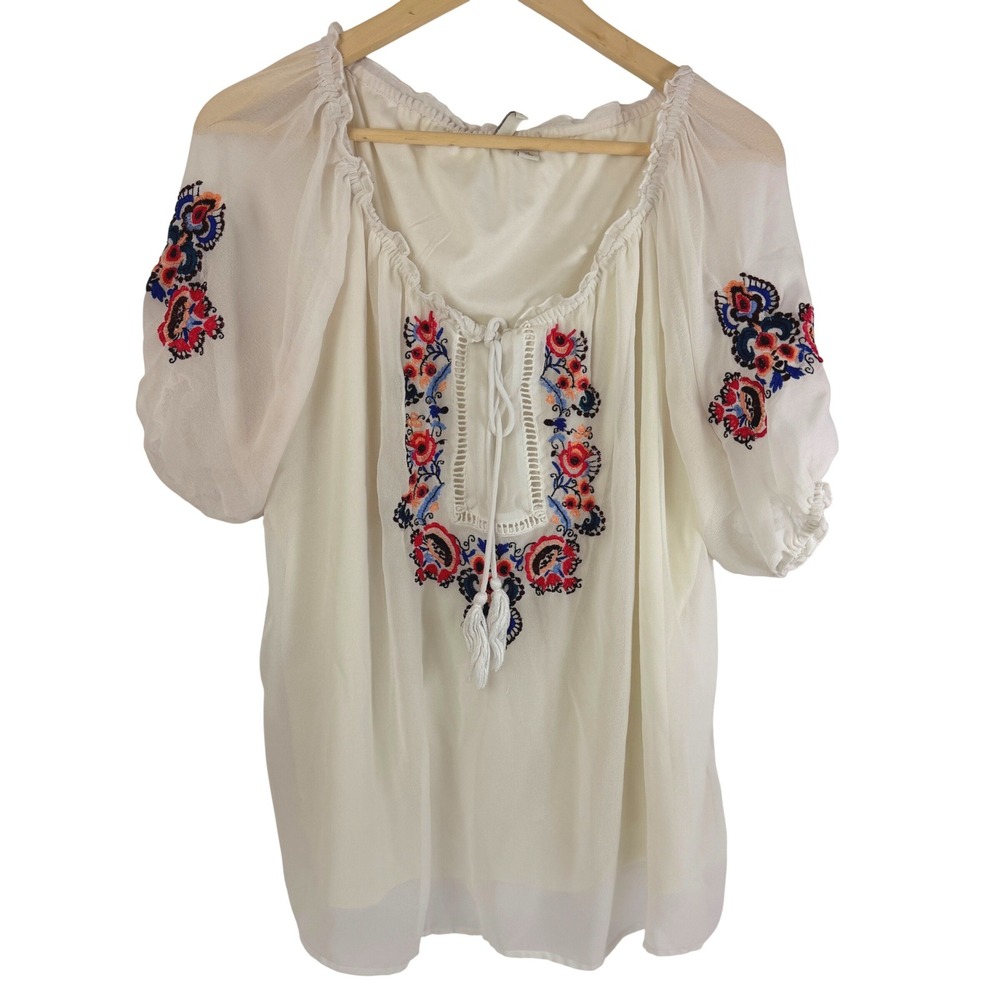 Cato Boho Embroidered Peasant Blouse XL Sheer Sleeve Floral Tassel Top White